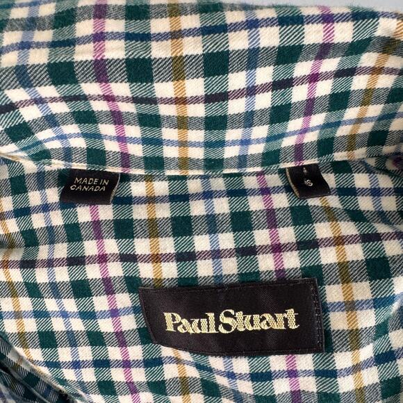 PAUL STUART Green Flannel Shirt Cotton Plaid Curved Hem Button-Up Size Small S - Picture 4 of 8